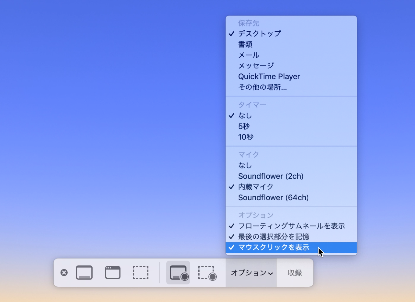 macOS スクリーンショット オプション設定画面