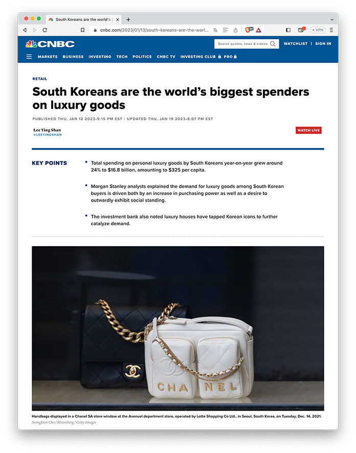 South Koreans are the world's biggest spenders on luxury goods