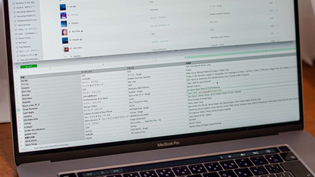 Apple Musicのプレイリスト書き出して、MacのNumbersで表として開いているところ