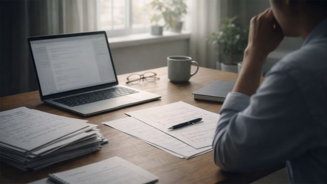 パソコンを前に、書類や契約書をデスクに並べて、悩んでいるライター
