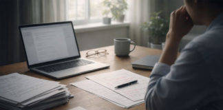 パソコンを前に、書類や契約書をデスクに並べて、悩んでいるライター