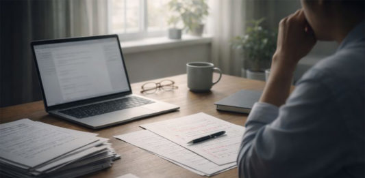パソコンを前に、書類や契約書をデスクに並べて、悩んでいるライター