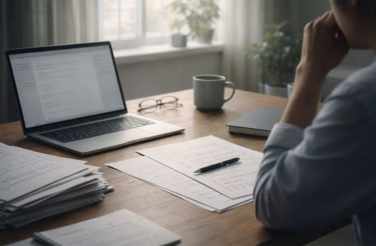 パソコンを前に、書類や契約書をデスクに並べて、悩んでいるライター