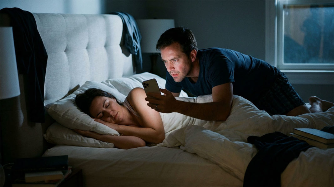 眠っている妻の顔にiPhoneをかざしてロック解除しようとしている夫